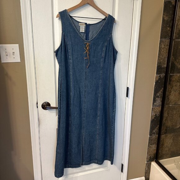 Expressions 1X 1XL VTG Y2K 90s Denim Maxi Dress Suede Leather Lace Up Slit Boho - Picture 2 of 9
